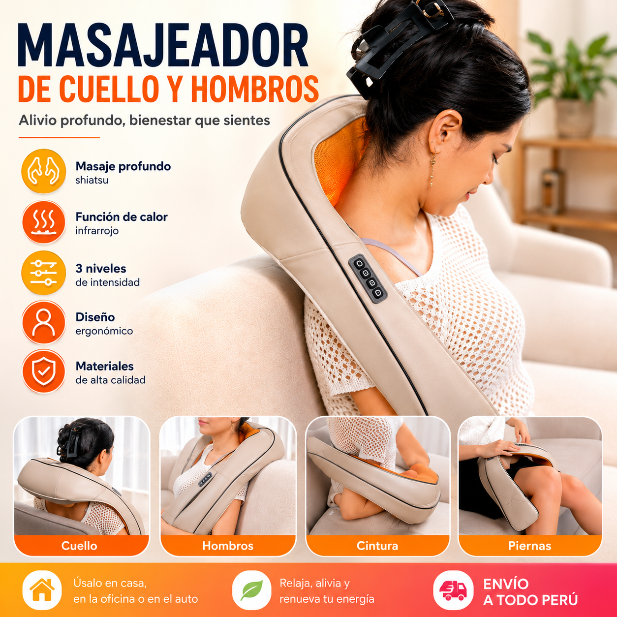 MASAJEADOR PREMIUM DE CUELLO Y ESPALDA Calor relajante • 3 niveles
